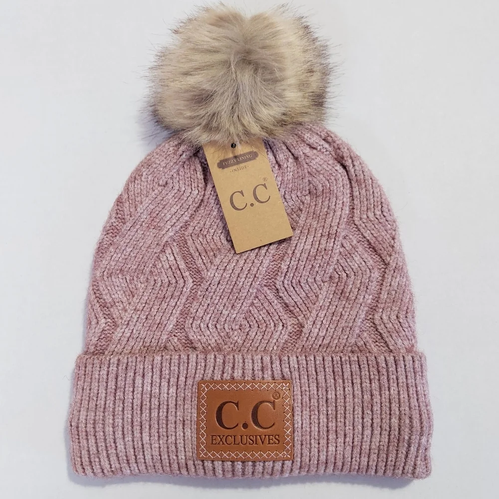 Braided Winter Hat Womens Mauve Knit Beanie Stretch Faux Fur Pom